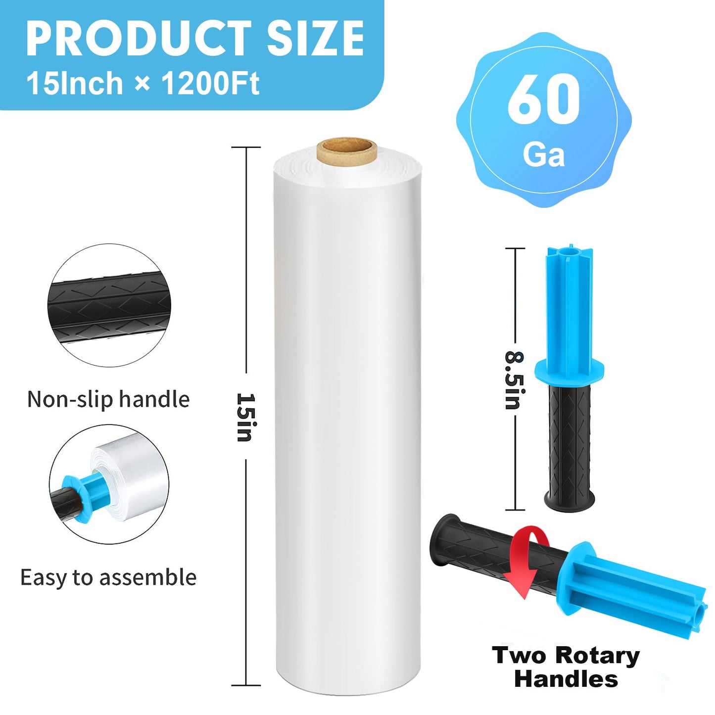 Stretch Film, PANDRI 4 Rolls Stretch Wrap with Handles Industrial Strength, Clear Shrink Wrap, Plastic Wrap for Moving Pallet Wrap, 15" x 1200 Ft Per Roll, 60 Ga, 2 Handles