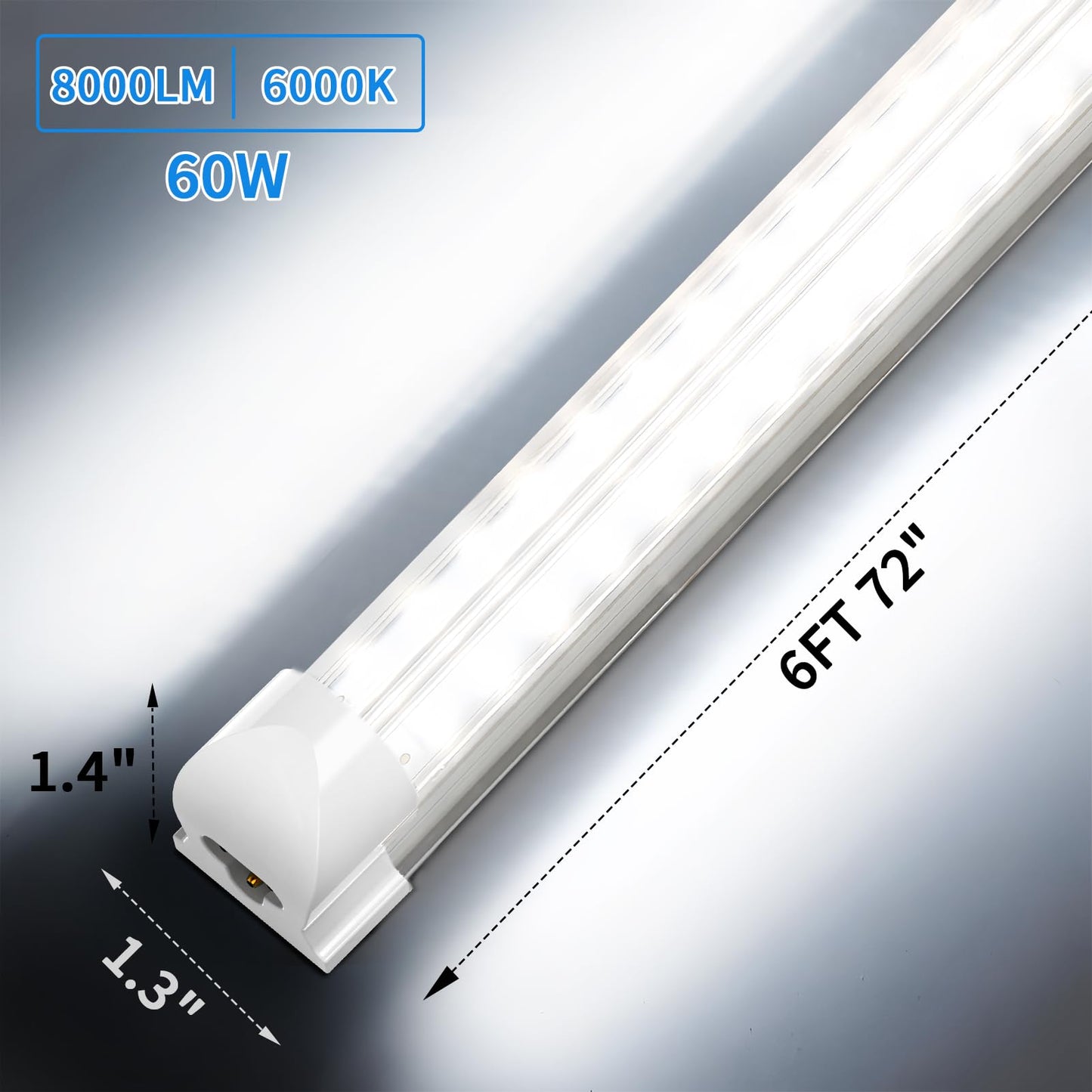 (Pack of 4) Linkable LED Utility Shop Lights for Garage, 6FT, 60W, LED Tube Ceiling Light T8 Integrated Single Fixture, 6000K, 8000LM Daylight V Shape, Basement, Offices, Clear Lens, Plug and Play
