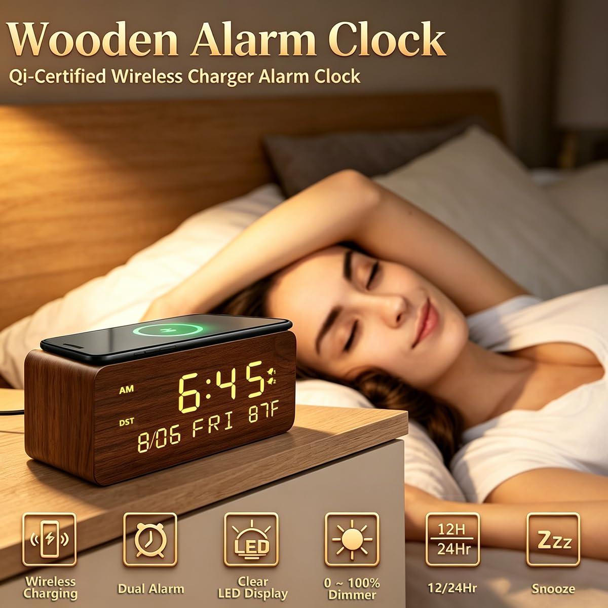 Andoolex Wooden Digital Alarm Clock with Wireless Charging, 0-100% Adjustable Brightness Dimmer and Alarm Volume, Weekday/Weekend Mode, Dual Alarm, Snooze, 12/24H, Wood LED Clock for Bedroom (Brown)