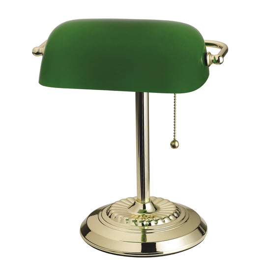Catalina Lighting 13.5'' Traditional Banker's Lamp Light Fixture with Green Glass Cylinder Shade for Office, Library, Living Room, or Dorm, Polished Brass