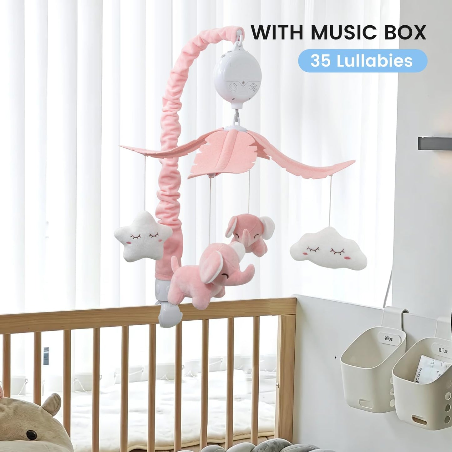 FEISIKE Mobile for Crib Bassinet Girls Baby Mobiles with 3 Modes Digital Music Box（Turn Only, Music Only, Turn & Music, 35 Lullabies, Pink Elephant Nursery Mobile, Clamp Type, Pretty Box Packaging