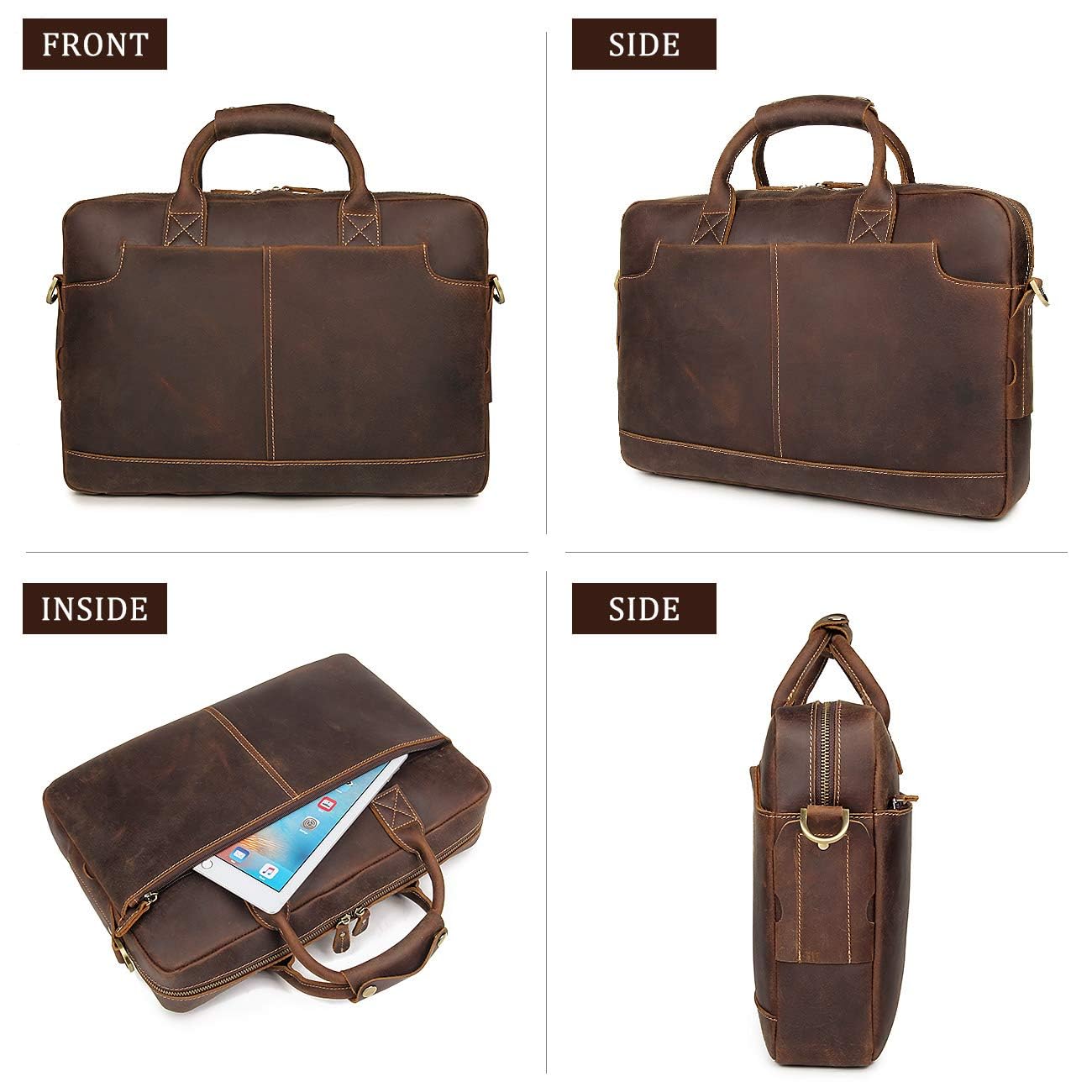 Augus Leather 16" Laptop Briefcase for Men Shoulder BagTravel Messenger Work Business Duffle Bags With YKK Metal Zipper