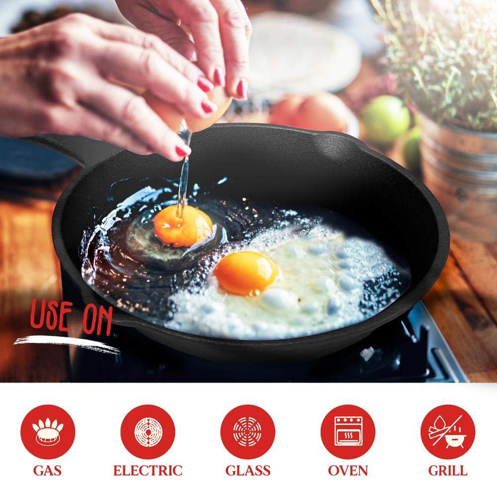NutriChef Pre-Seasoned Cast Iron Skillets - 3 Pieces Cast Iron Cookware Set w/Drip Spout and Scraper - Compatible with Induction, Electric Stovetop, Gas, & Ceramic - NCCI76
