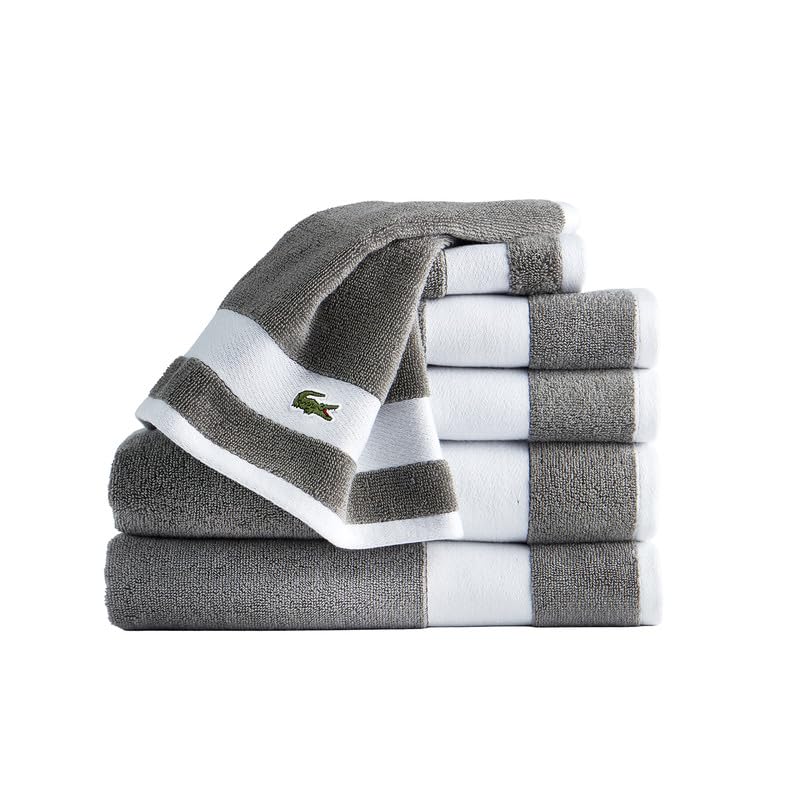 Lacoste Sport Stripe 6-Piece Luxury Cotton Towel Set – Made with 100% Soft Supima Cotton, Absorbent & Quick-Drying, Includes 2 Bath Towels, 2 Hand Towels, 2 Washcloths, Meteorite