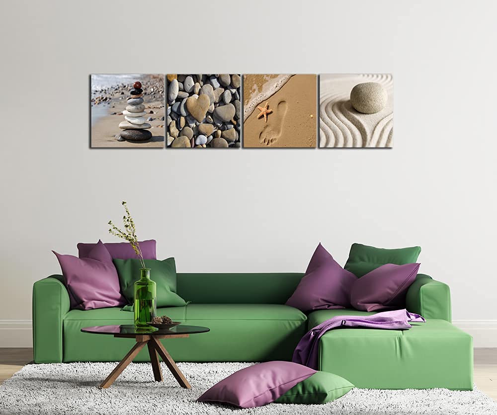 Wieco Art Canvas Prints Wall Art Romantic Beach Theme Zen Stone Pictures Paintings for Living Room Kitchen Home Decor Large Modern 4 Panels Stretched and Framed Seascape Sea Beach Artwork L