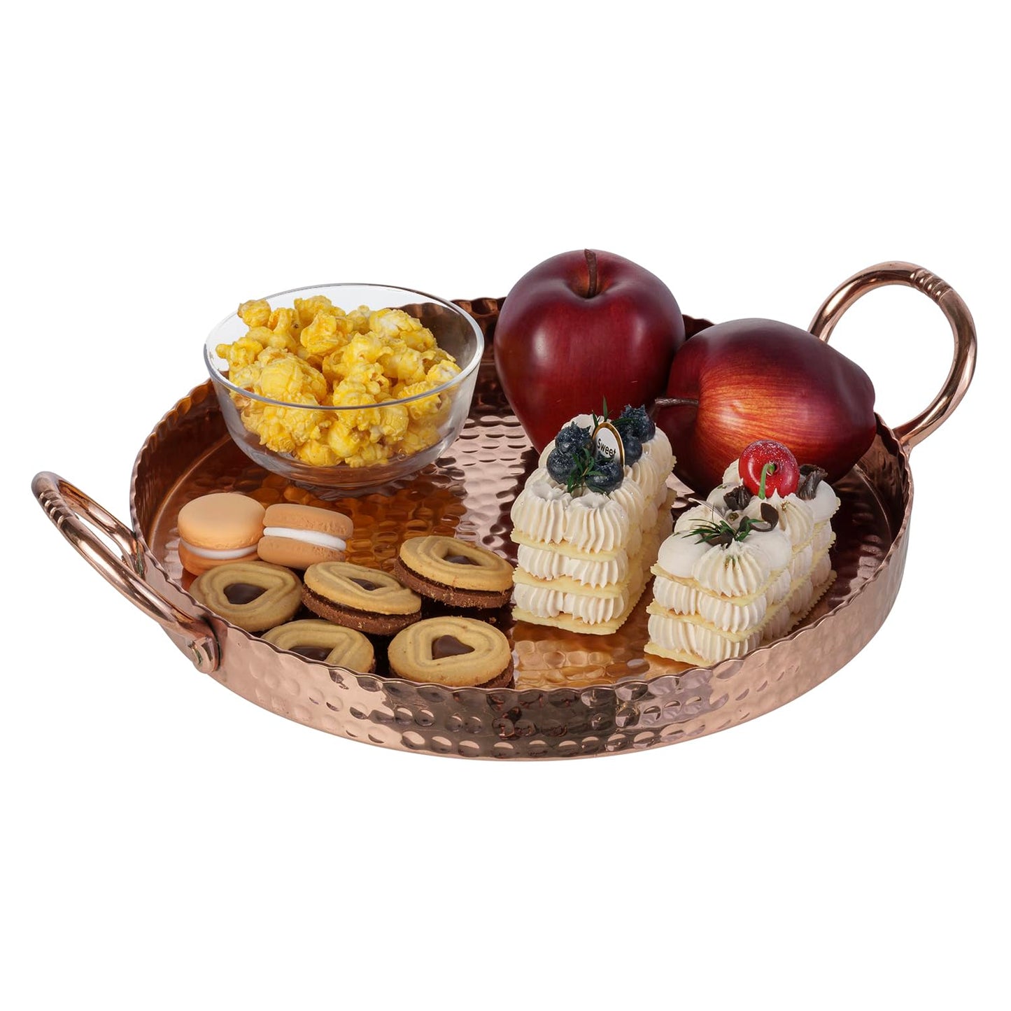 MyGift 12 Inch Copper Tone Metal Round Display Tray with Handcrafted Hammered Design, Decorative Tabletop Centerpiece Base or Serving Platter - Handmade in India
