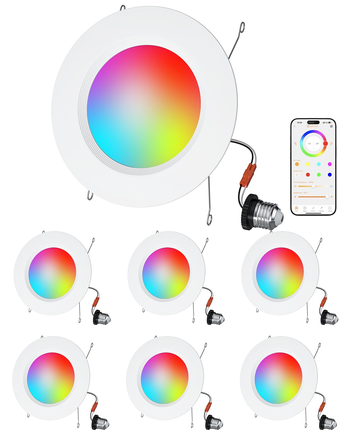 Neliwo LED Recessed Lighting 6 inch/5 inch, Smart RGB Bluetooth Can Lights, 13W 1050LM, Color Changing, Retrofit Led Recessed Light Compatible with Alexa for Bedroom Living Room Kitchen, 6Pack
