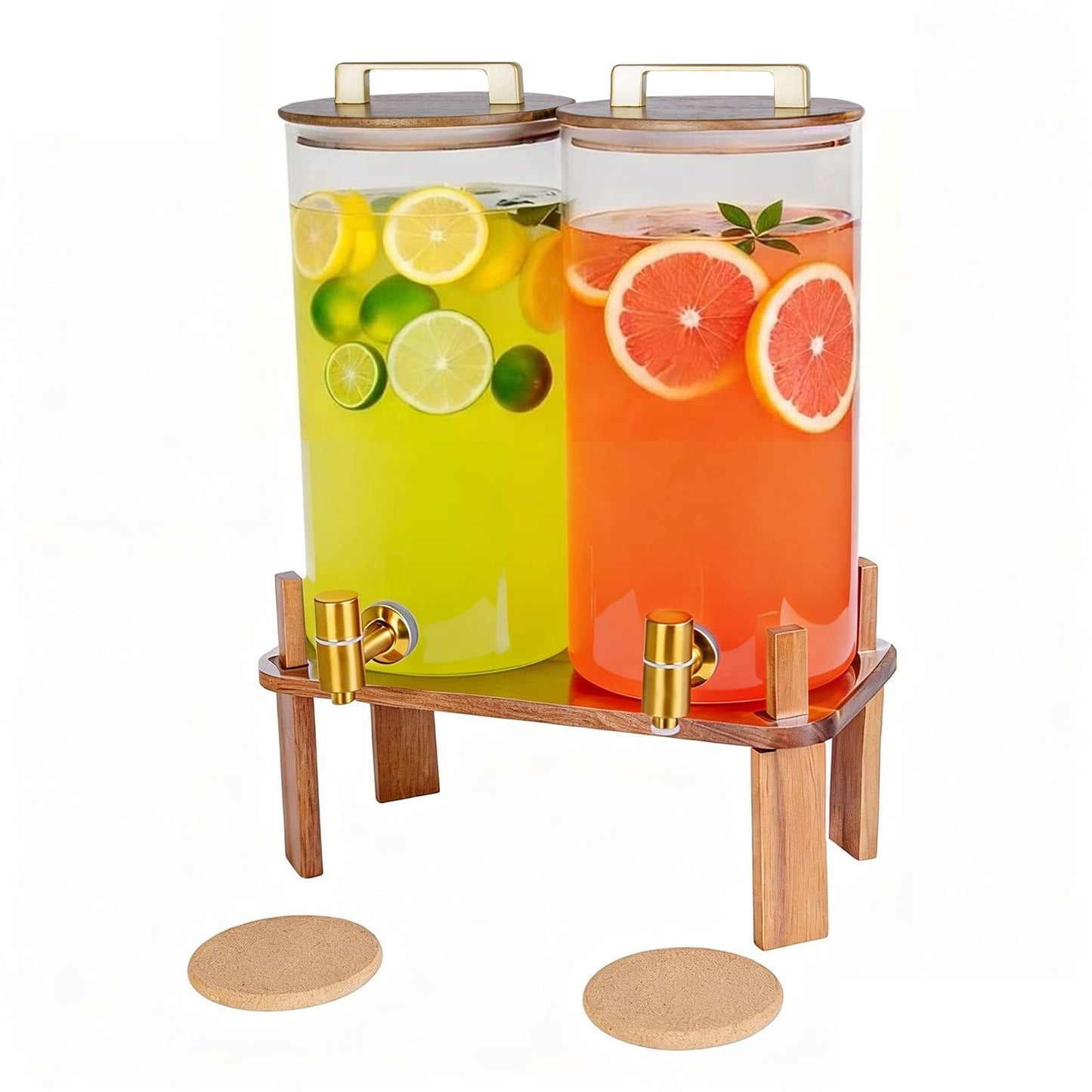 2 PACK 1.5 Gallon Glass Beverage Dispenser with Wooden Lid, Drink Dispenser with Wooden Stand, Lemonade Dispenser with Stainless Steel Leak-Proof Spigot for Parties, Weddings