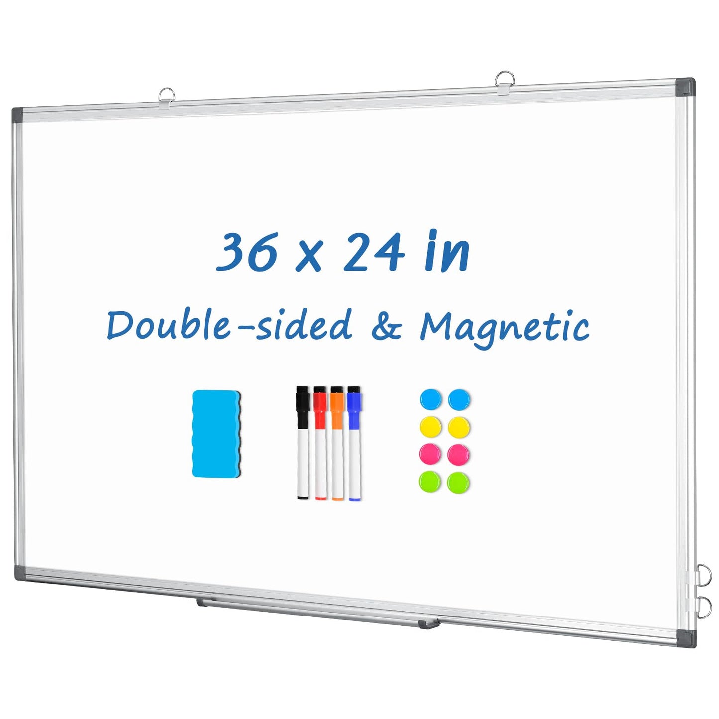 DOLLAR BOSS Dry Erase Board, 36 x 24 Inch Double-Sided Magnetic Whiteboard for Wall Silver Aluminum Frame for Office School Home with 8 Magnets 4 Markers 1 Eraser 1 Detachable Pen Tray