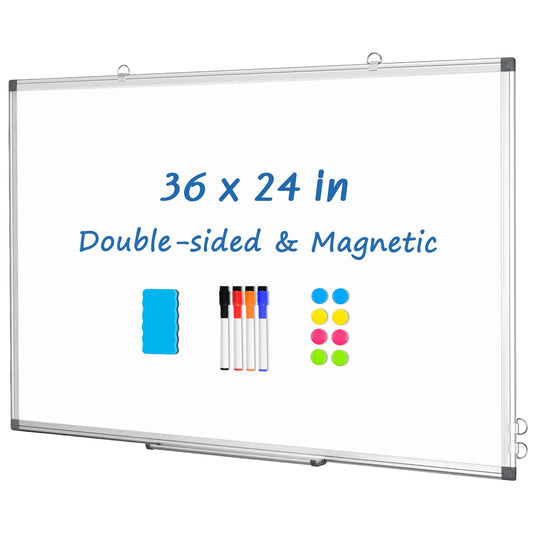 DOLLAR BOSS Dry Erase Board, 36 x 24 Inch Double-Sided Magnetic Whiteboard for Wall Silver Aluminum Frame for Office School Home with 8 Magnets 4 Markers 1 Eraser 1 Detachable Pen Tray