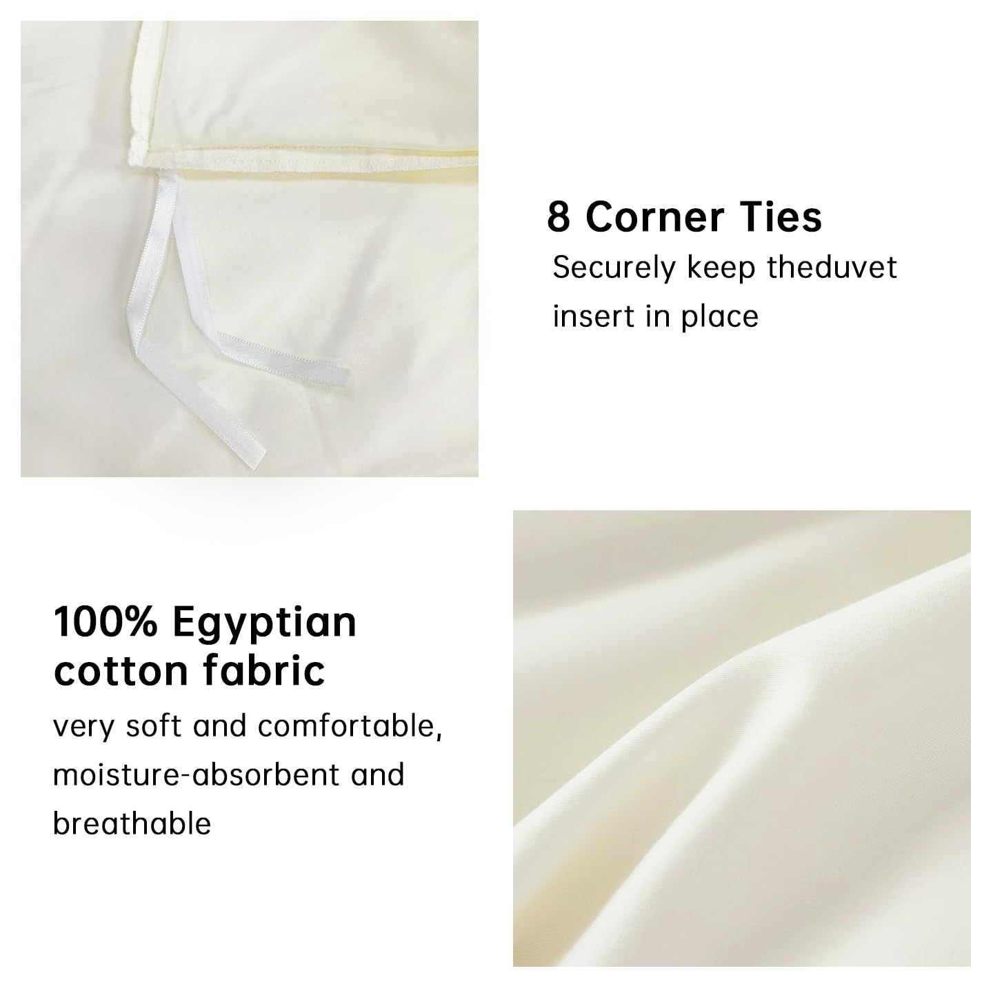 DCSKY Cotton Duvet Cover Queen,100% Egyptian Cotton 1600 Thread Count, Soft, Breathable, Skin-Friendly, Moisture-Wicking Bedding Set with Zipper Closure & Corner Ties(Cream White, 90''x90''