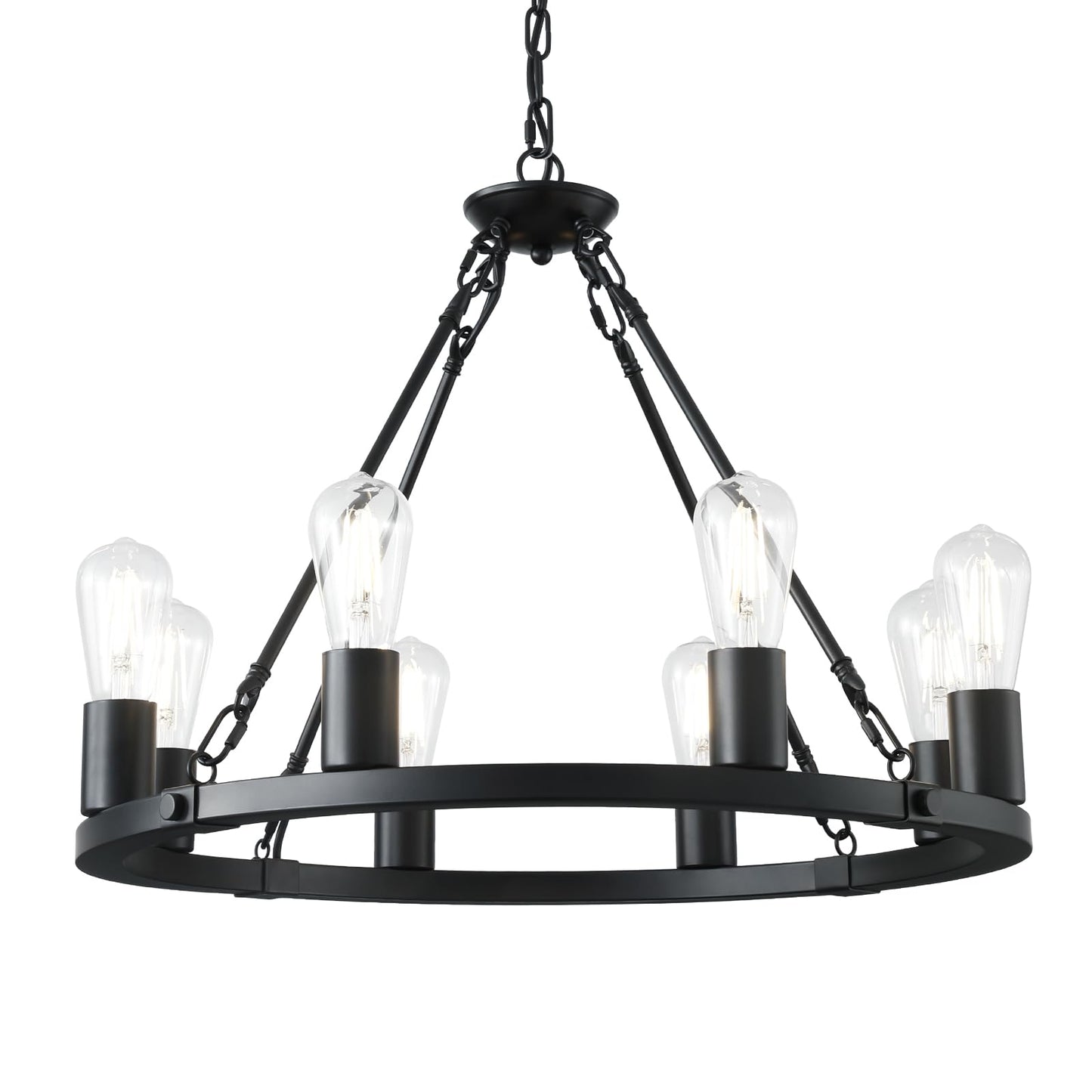 8 Lights Wagon Wheel Chandelier, Black Kitchen Island Lighting Fixture Round Metal Industrial Farmhouse Dining Room Pendant Light for Living Room Foyer Entryway,E26 Socket, 23.6". Height Adjustable