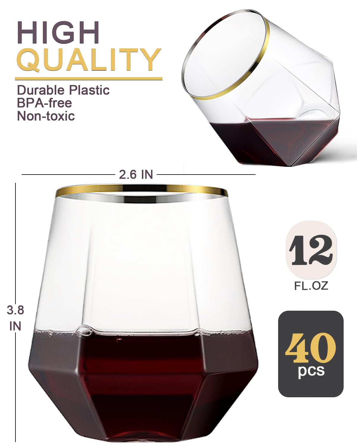 Maaacute 40 Pcak Plastic Stemless Wine cocktail Whiskey Champagne Glasses, 12 Oz Gold Rim Disposable Clear Unbreakable Cups for Party Bars Wedding Tasting (Diamond-shaped)