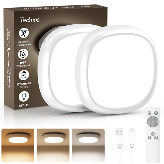 2 Pack IP54 Waterproof Rechargeable Shower Light Indoor, 12000mAh Motion Sensor Wireless Ceiling Light with Remote No Wiring, Battery Operated Closet Lights Cordless LED Overhead Lighting for Bathroom