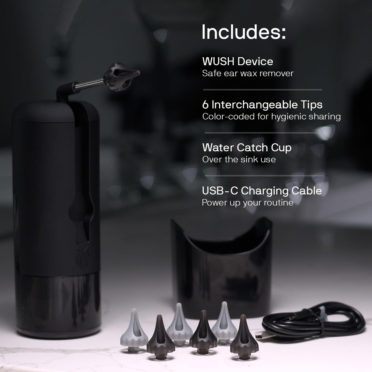 Wush Pro By Black Wolf- Deluxe Water Powered Ear Cleaner- Safe & Effective- Electric Triple Jet Stream 3 Pressure Settings For Ear Wax Buildup- Ear Wax Removal Kit- Water Resistant USB Rechargeable