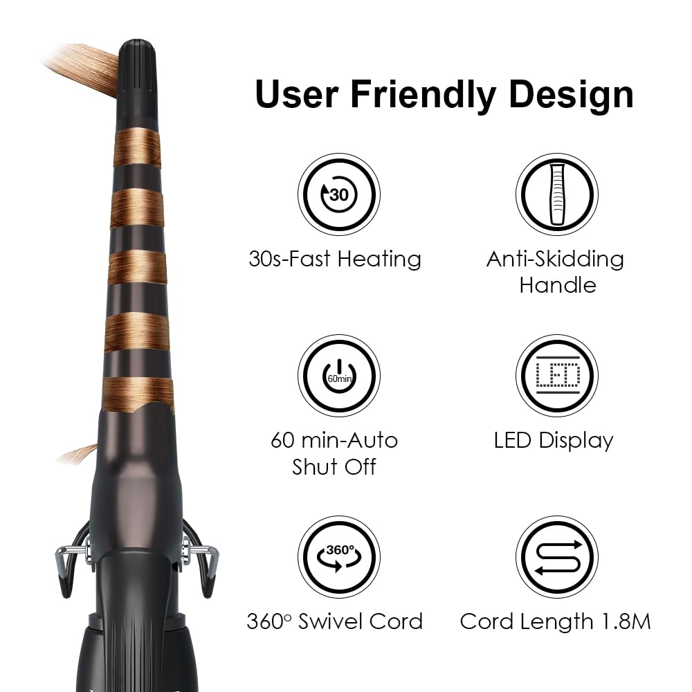 Hair Curling Wand, 1-1/2" Tapered Curling Iron, Ceramic Hair Curler with Adjustable Temperature Instant Heating Hair Curler, Auto Shut Off with 2 Clips