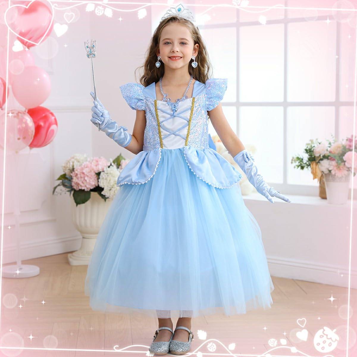 Luzlen Cinderella Costume for Girls Kids Blue Princess Dress with Accessories Halloween Birthday Party Outfits, 4-5T(Tag 120)