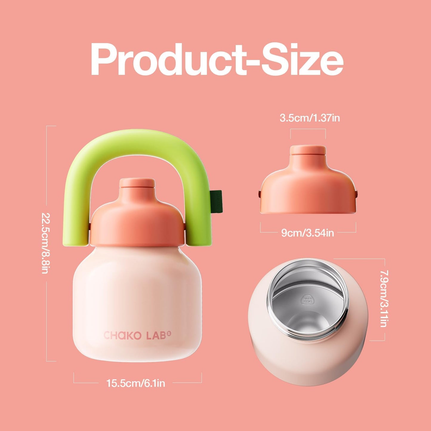 CHAKO LAB Water Bottle with Straw and Carry Handle | Wide Mouth vacuum insulated stainless steel Bottles | Reusable, leak-proof and BPA-free | 33oz (Pink&Green)