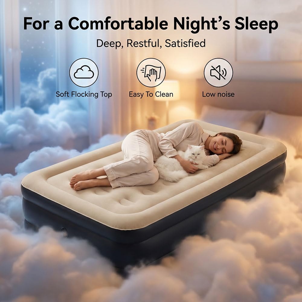 SENNOUL Twin Air Mattress with Built-in Pump,Fast & Easy Inflation/Deflation Inflatable Mattress, Foldable Blow Up Mattress with Storage Bag, Inflatable Bed for Home, Camping & Guests,16"/550lbs Max