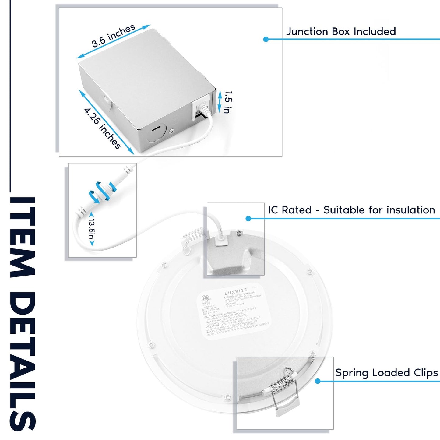 Luxrite 5 Inch Ultra Thin LED Recessed Light with Junction Box, 12W, 5CCT Color Selectable 2700K | 3000K | 3500K | 4000K | 5000K, Dimmable Wafer Lights, 1000 Lumens, ETL & Energy Star, IC Rated 4-Pack
