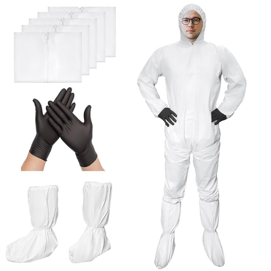 ETERNA Hazmat Suits- 5 Pack Disposable Protective Coveralls with Shoe Covers for Men & Women, PE & PPSB Hazmat Suits Shield from Dirt, Dust, Paint (Large)