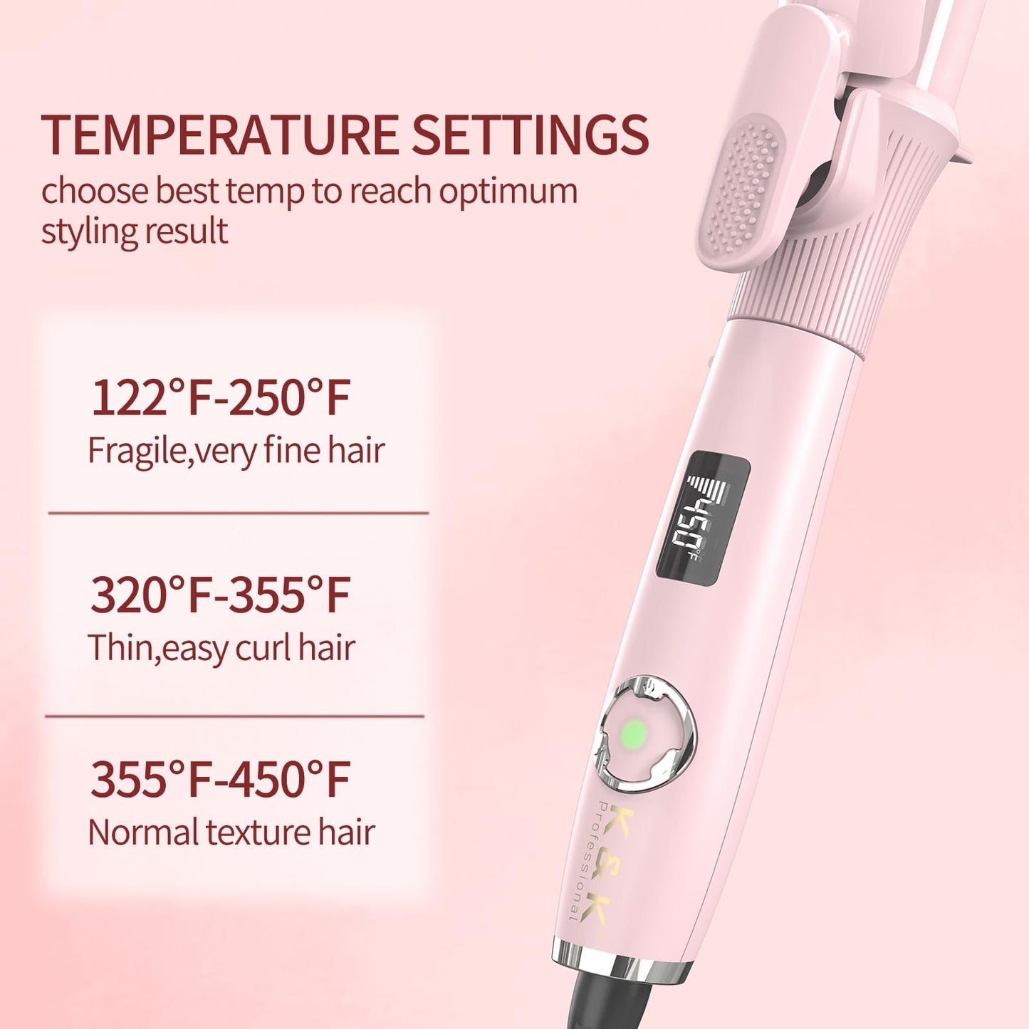 1 1/4 Inch Curling Iron with Clipped Tourmaline Ceramic Barrel Professional Hair Curler up to 450°F Dual Voltage for Traveling 60 Mins Auto Off Suit for Different Hairstyle (Pink, 1.25 Inch)