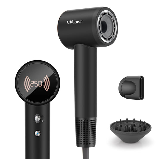 Chignon Ionic Hair Dryer with Diffuser - 110,000 RPM Brushless Motor, Smart Temperature Display & Magnetic Attachments, Low Noise 110V for Fast Professional Styling