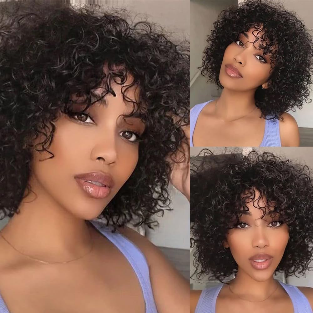 Queenset Short Curly Human Hair Wigs with Bangs Glueless Wigs for Black Women Human Hair Wear and Go Brazilian Deep Wave Curly Wigs with Bangs None Lace Front Wigs Human Hair Natural Black Color