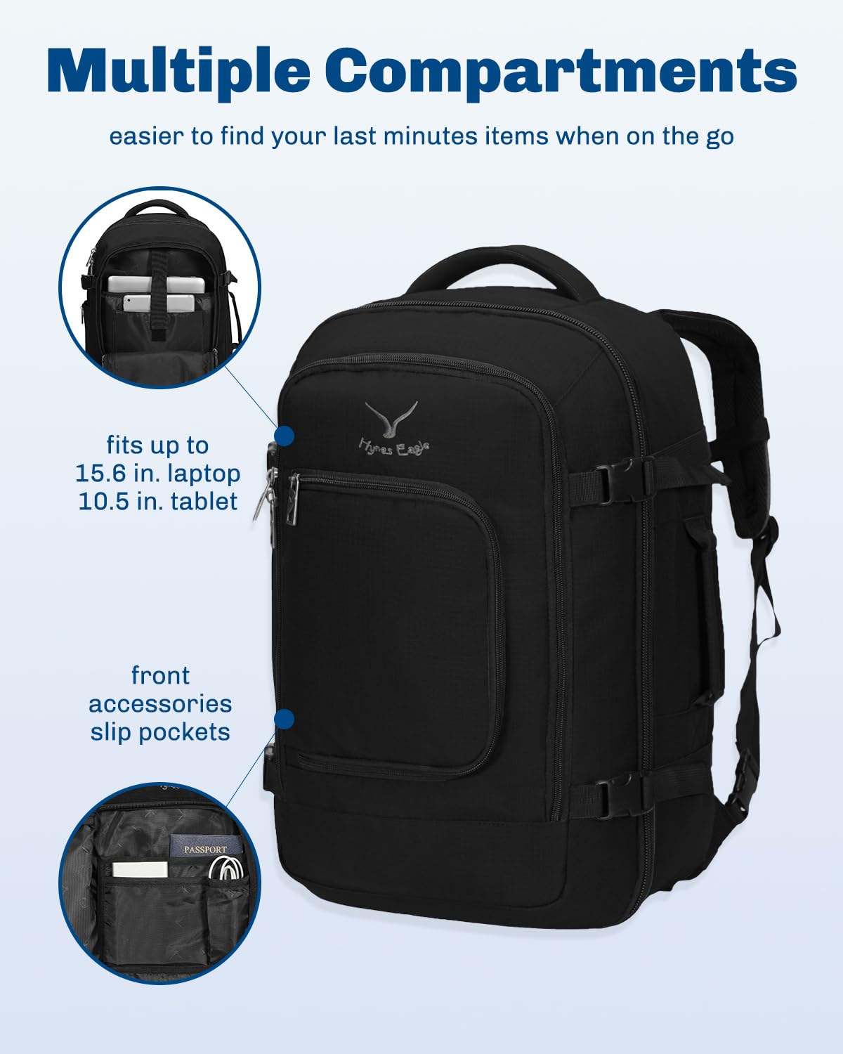 Hynes Eagle Travel Backpack 40L Flight Approved Carry on Backpack Men Large Cabin Weekender Laptop Backpack Women 15.6 inches Black 2023