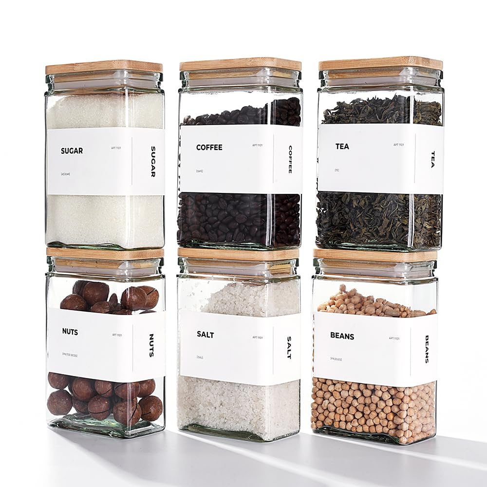 APT 1101 Glass Storage Jars with Bamboo Lid, glass canisters with airtight lids, Clear jars with lids for Spice, Cookie, Candy, Tea, Coffee Bean and Rice (White, 26 oz, Set of 6)