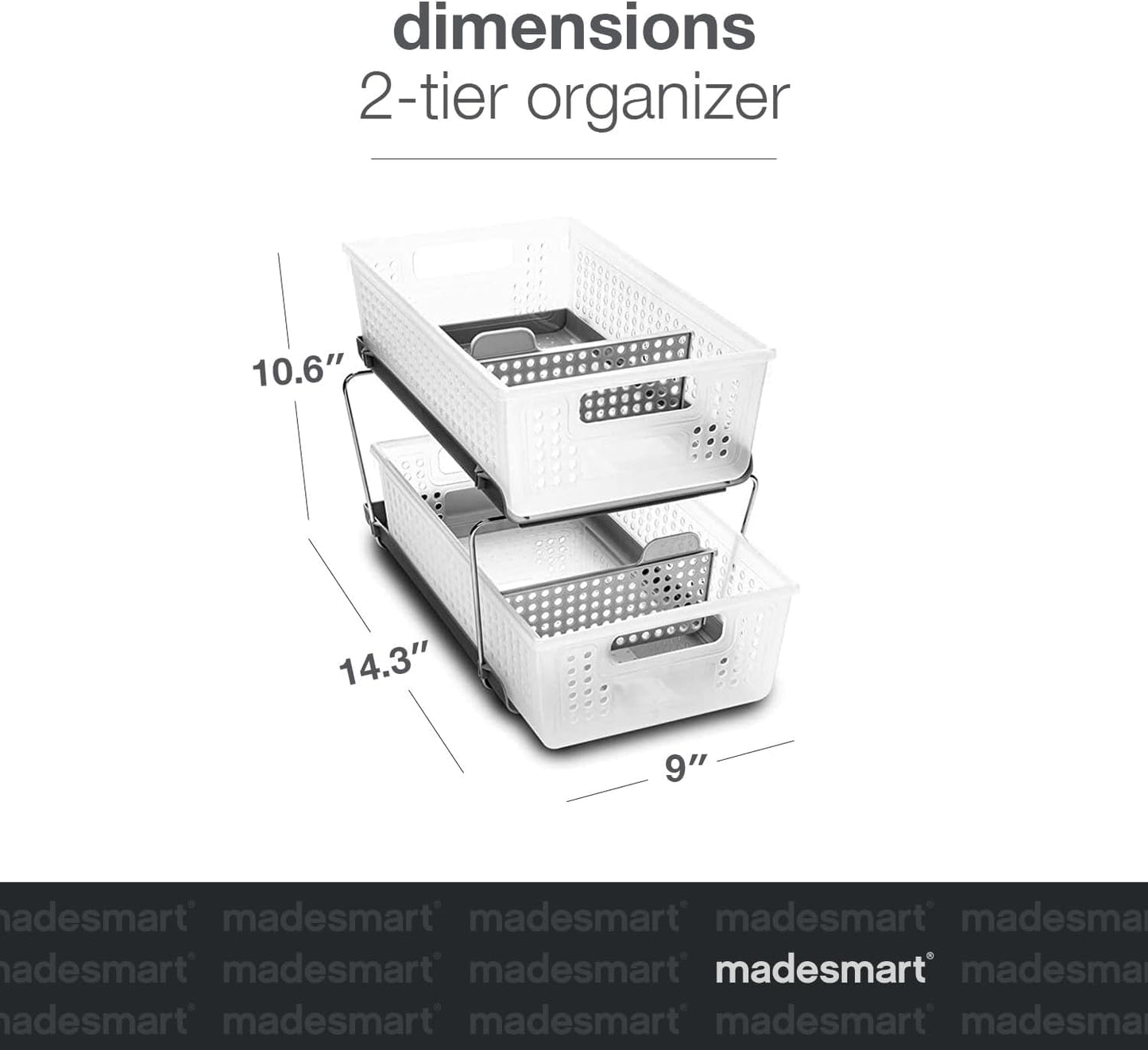 madesmart Stackable 2-Tier Organizer, 2 Pack, Multi-Purpose Slide-Out Storage with Extra Set of Legs, Handles and Dividers for Home and Bath, BPA Free, Frost 2 PACK