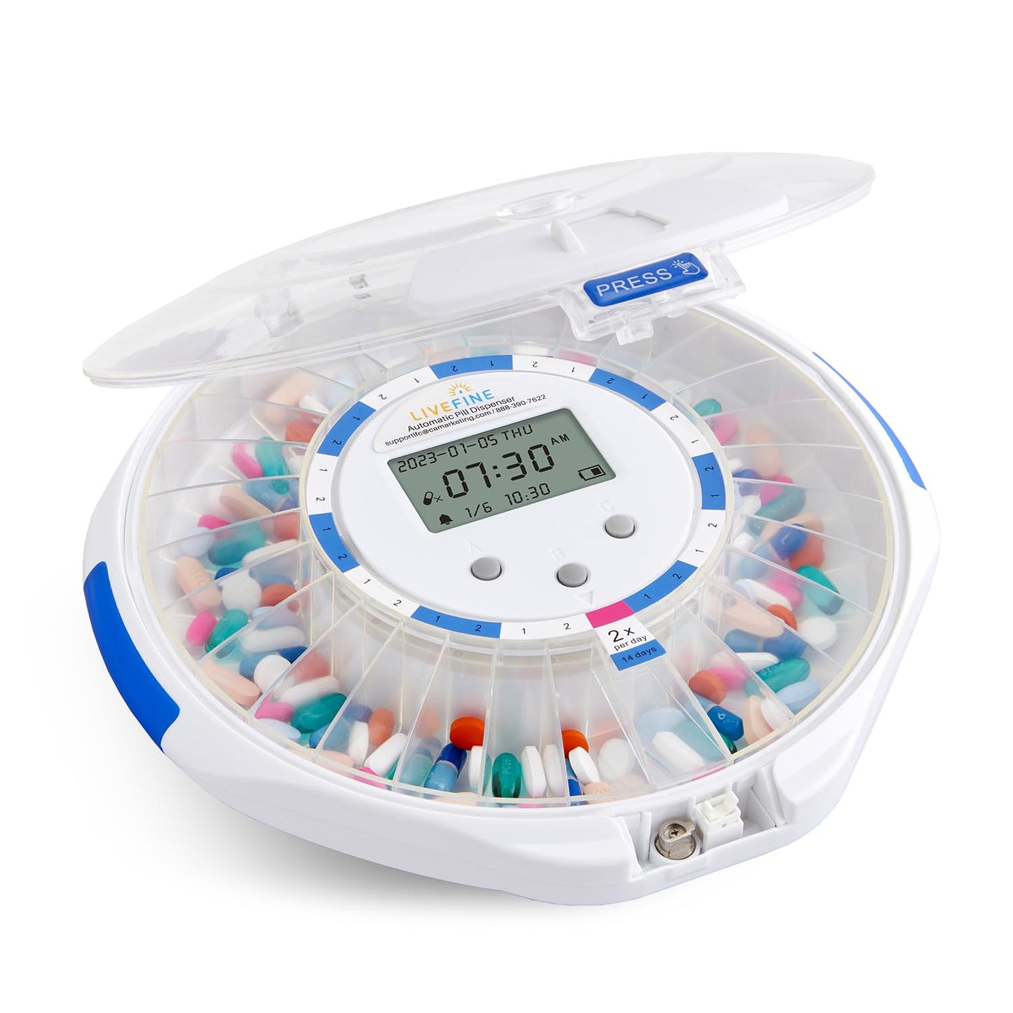 LiveFine Automatic Pill Dispenser with 28-Day Electronic Medication Organizer, 6 Dosage Rings, LCD Display with Sound & Light Alerts, Key & Magnifying Glass for Prescriptions, Vitamins & Supplements