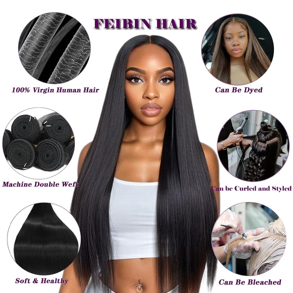Feibin Straight Human Hair Bundles 14 14 14 Inch Trippy Hair Bundles Human 100% Brazilian Unprocessed Raw Hair Bundles Weave Bundles Human Hair Extensions For Black Women Natural Color