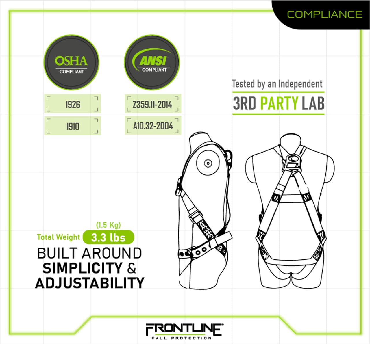 Frontline K100-61S Combat™ Compliance Kit | Harness 5 point |Meets or exceeds ANSI-OSHA standards (Harness, 6' Single Snap Hook)