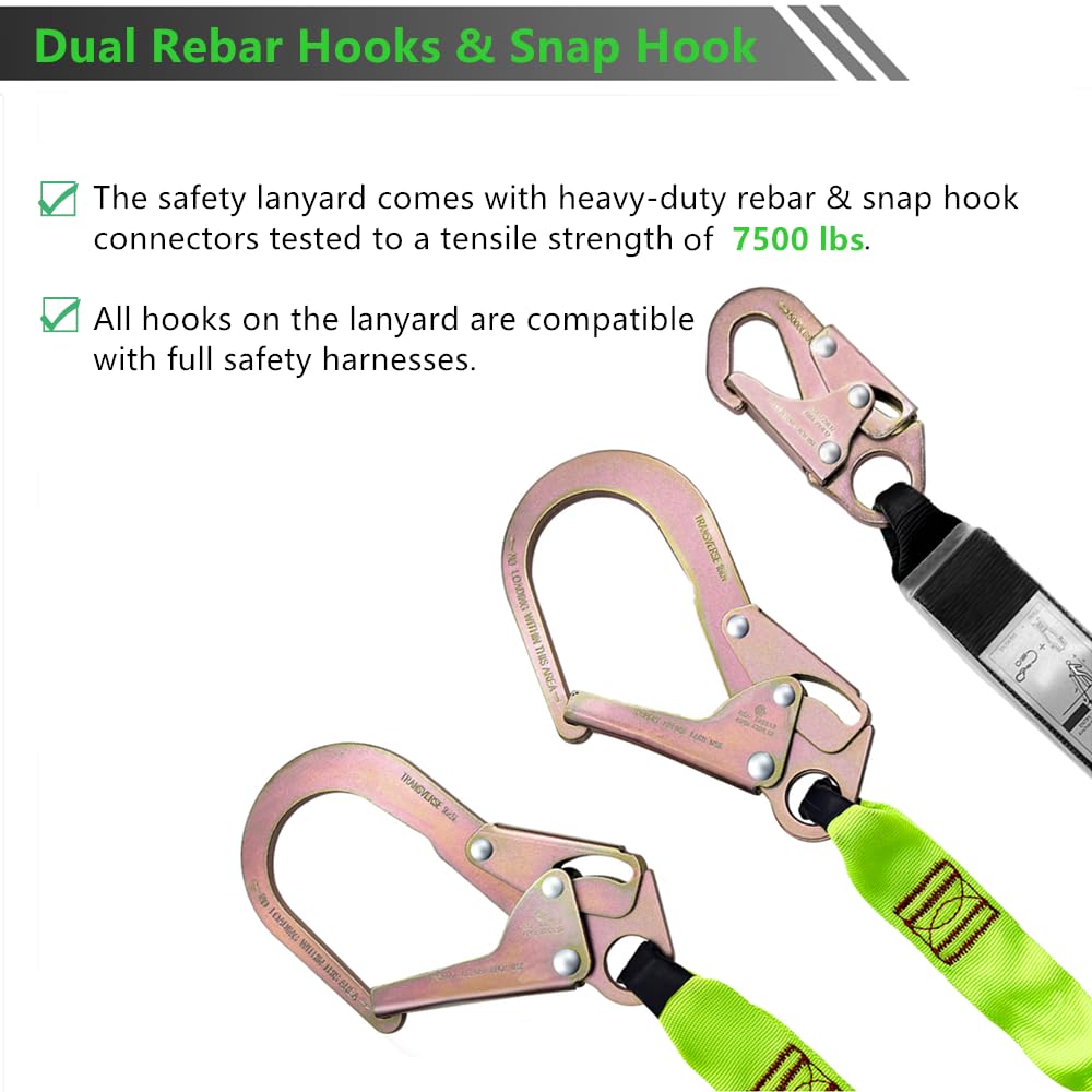 6FT Double Leg Internal Shock Absorbing Safety Fall Protection Lanyard with Dual Rebar & Snap Hook |Heavy-Duty Webbing | Roofer, Construction, Scaffolding | OSHA & ANSI Rated (A-Shock Absorbing)