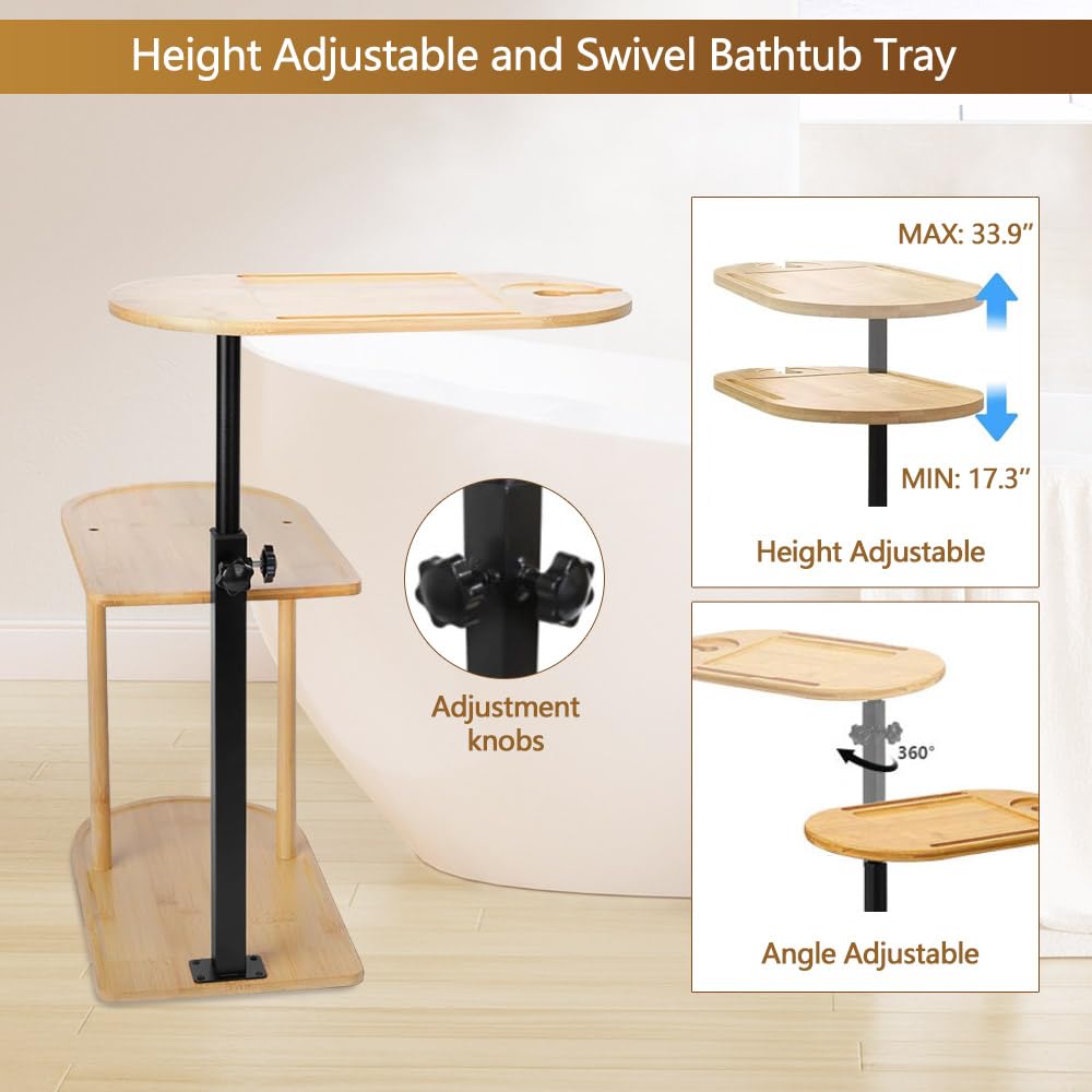 BeGyoku 3 Layer Bathtub Tray Table,Bamboo Swivel Bathtub Side Table Height Adjustable,Freestanding Bathtub Tray for Tub Against Wall,Bathtub Accessories&Bathroom Organizer for Luxury Home Spa-Natural