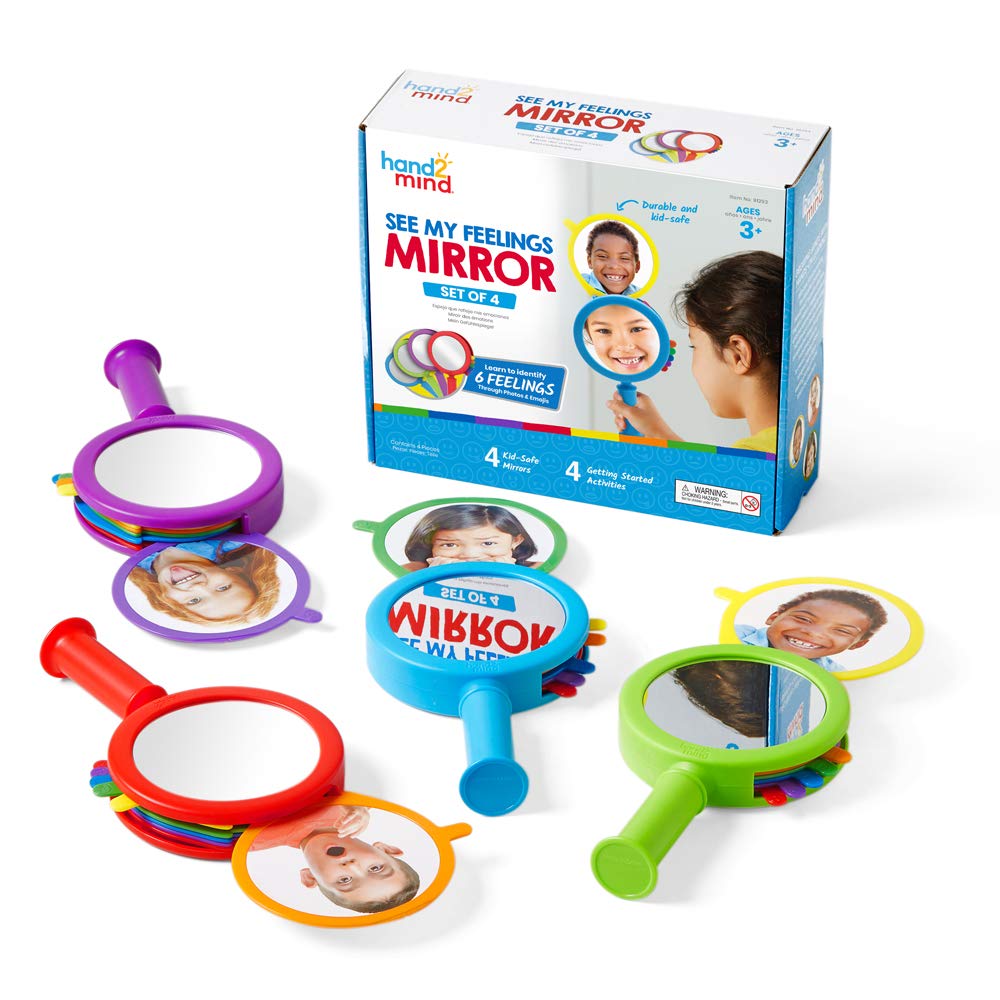 hand2mind See My Feelings Mirror, Social Emotional Learning Mirror, Sensory Toys for Toddler Learning, Anxiety Relief for Kids, Mindfulness for Kids, Kindergarten Homeschool Supplies (Pack of 4)