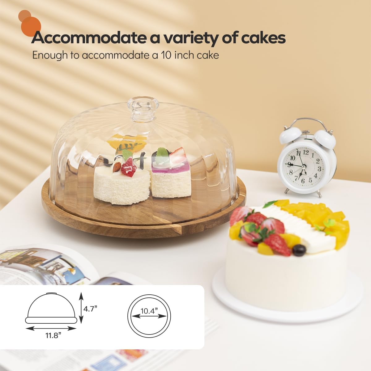cutesun Wood Cake Stand with Lid, 11.8'' Rotating Cake Stand with Dome, Shaterproof 10.4'' Acrylic Cake Display Cover, Cake Holder Tray for Wedding Gift，Kitchen,Birthday,Parties,Baking Gifts