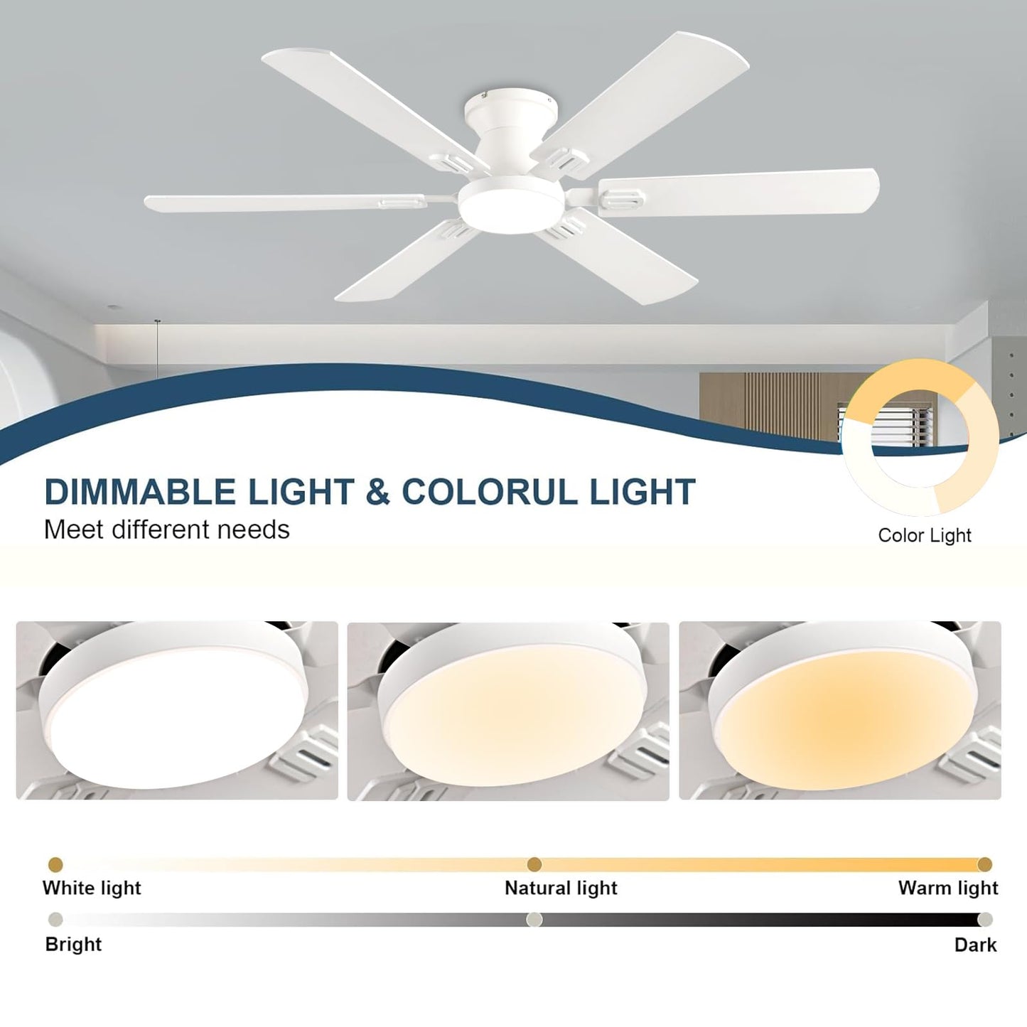 KNUN 56 inch Ceiling Fans with Lights, White Flush Mount Ceiling fan with Light and Remote/APP Control, 3CCT,Dimmable, Noiseless, Low Profile Ceiling Fan for Bedroom, Patio, Indoor/Outdoor Use