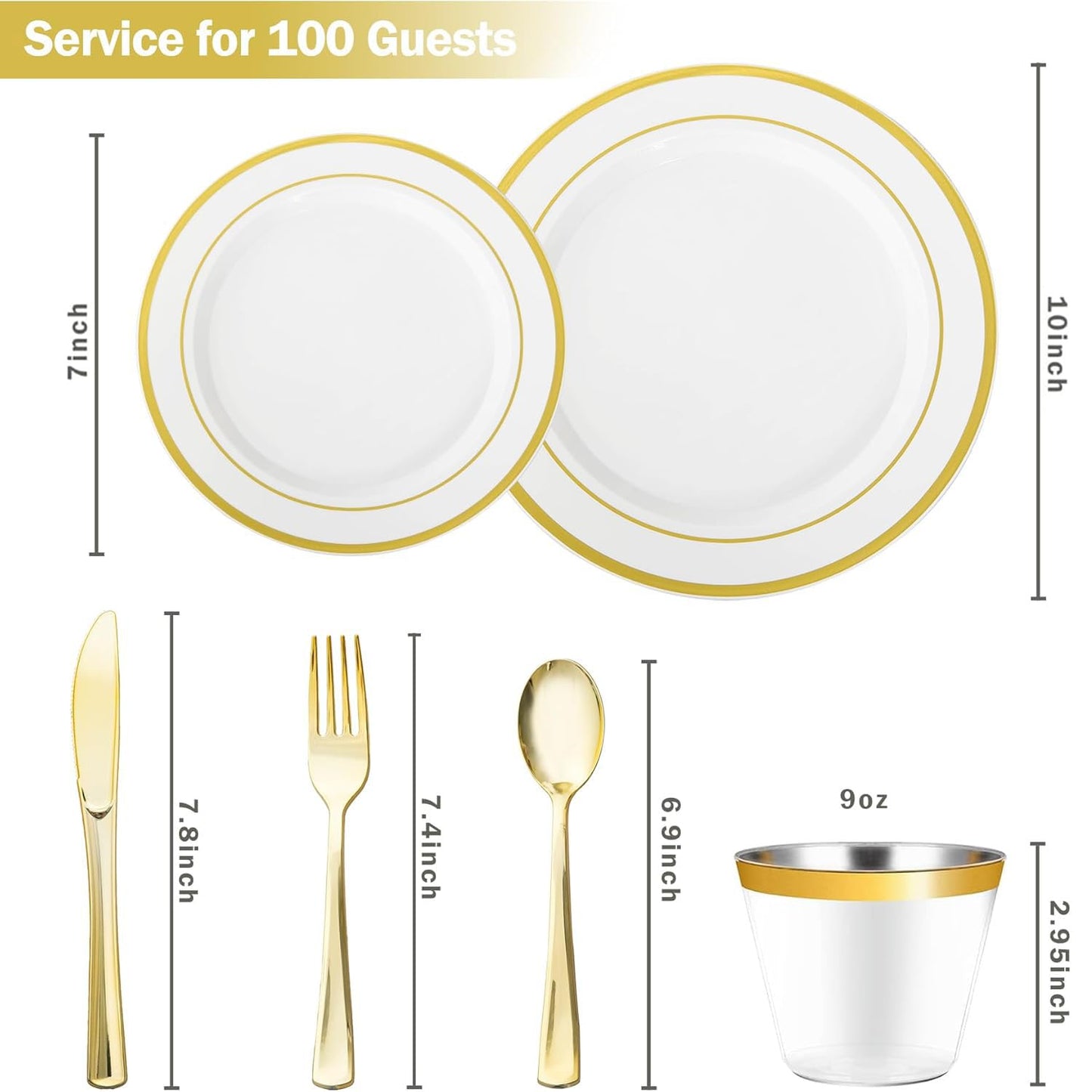 N9R 600PCS Disposable Plastic Plates, Gold Plastic Dinnerware Set Includes 100 Dinner Plates, Dessert Plate, Cups, Spoons, Forks, Knives for 100 Guests, Perfect for Party, Wedding, Birthday