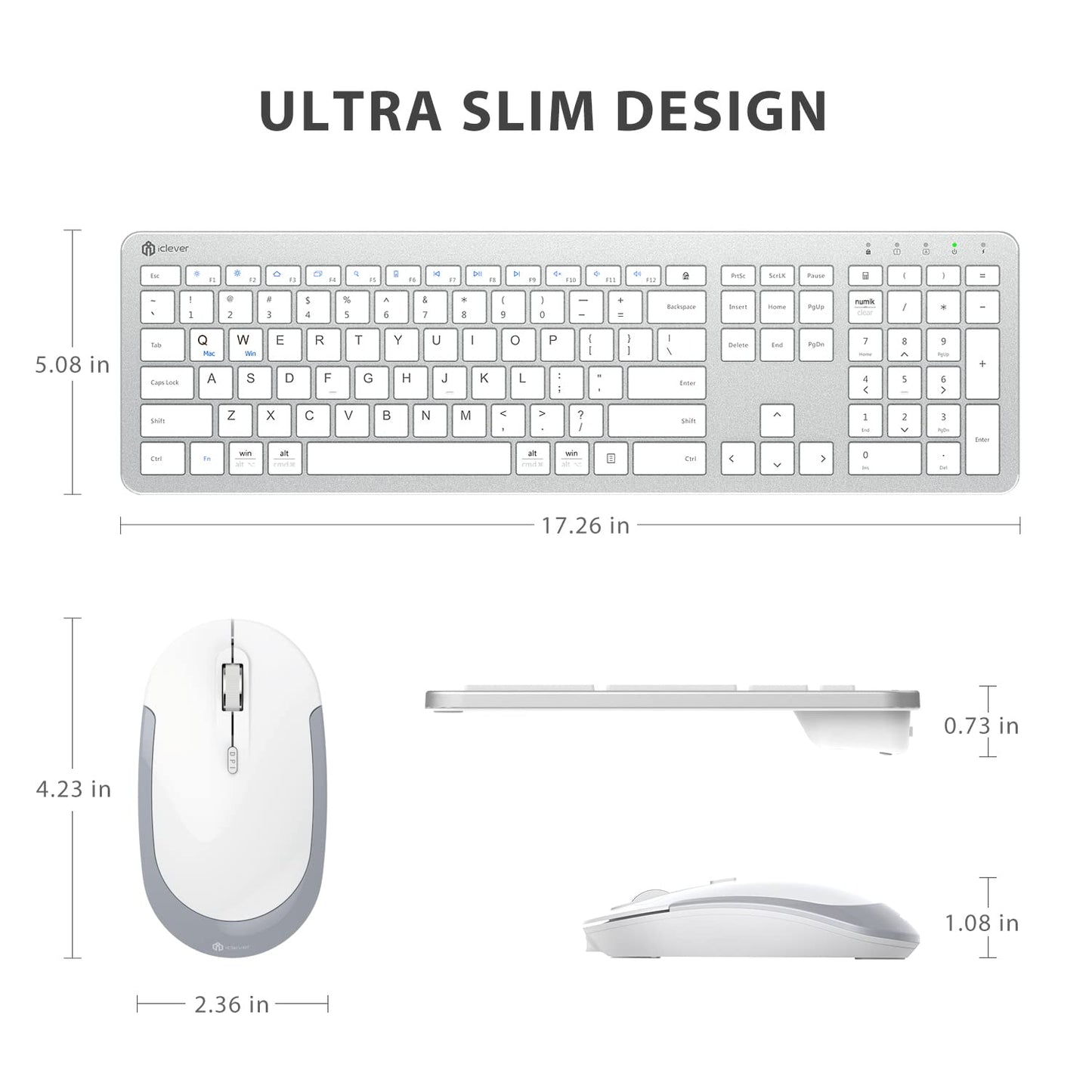 iClever Wireless Keyboard and Mouse, GK08 Wireless Keyboard Mouse Combo, Ergonomic, Quiet, Full Size Design with Number Pad, 2.4G Connection Slim Mac Keyboard and Mouse for Windows Mac OS Computer