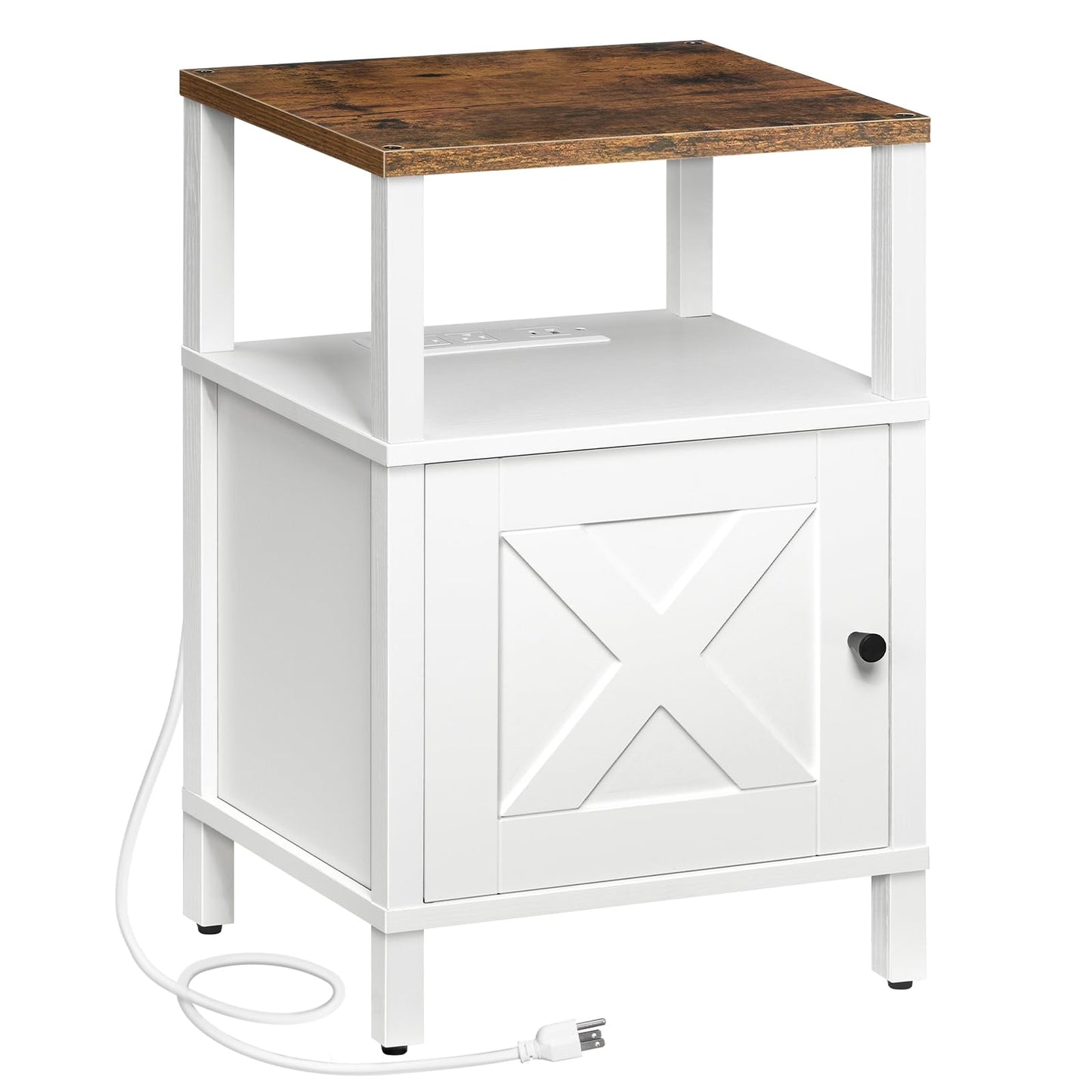 MAHANCRIS Farmhouse Nightstand with Charging Station, Barn Door End Table with USB Ports and Storage Cabinet, Bedside Table for Bedroom, Living Room, Small Space, White and Rustic Brown ETRW96E01