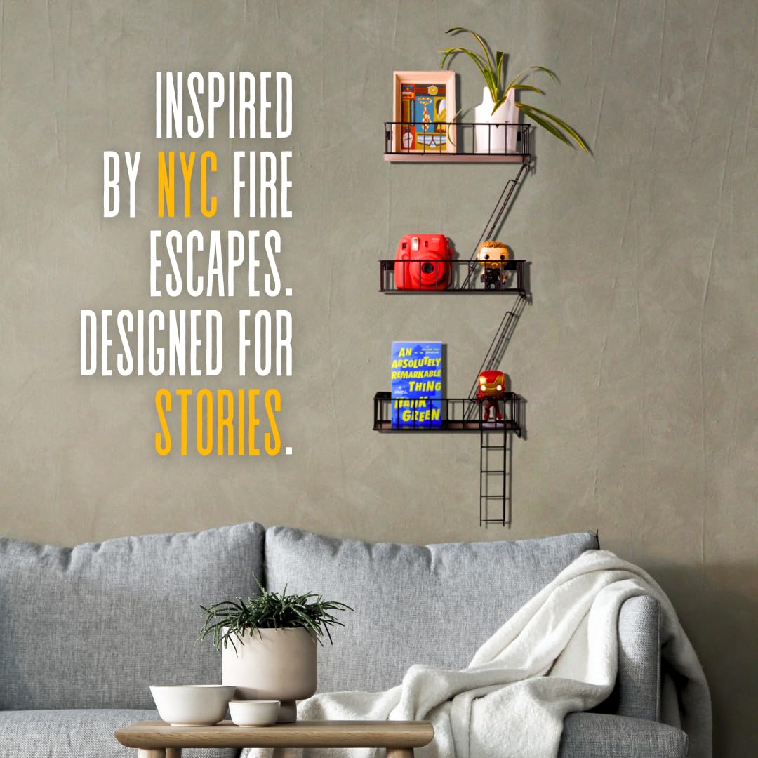 KOTIJOKI Fire Escape Wall Shelf - New York Metal Decorative Shelf with Screwdriver & Screws, Rustic Wall Shelves for Bedroom, Home Décor, Action Figure Display (3-Tier Black Floating Shelves)