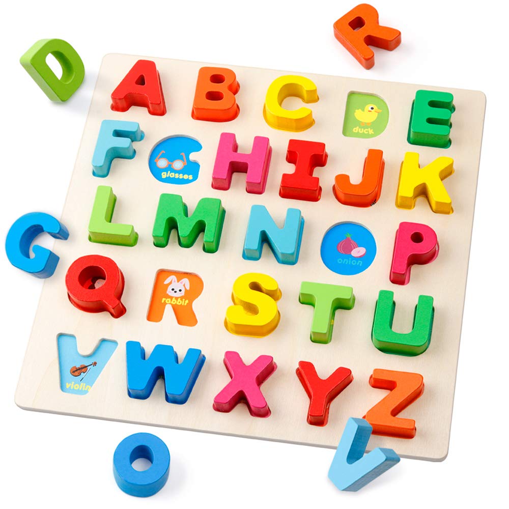 Coogam Wooden Alphabet Puzzle – Letters Peg Board ABC Blocks Matching Game Montessori Jigsaw Early Learning Educational Toy Gift for Children Kids