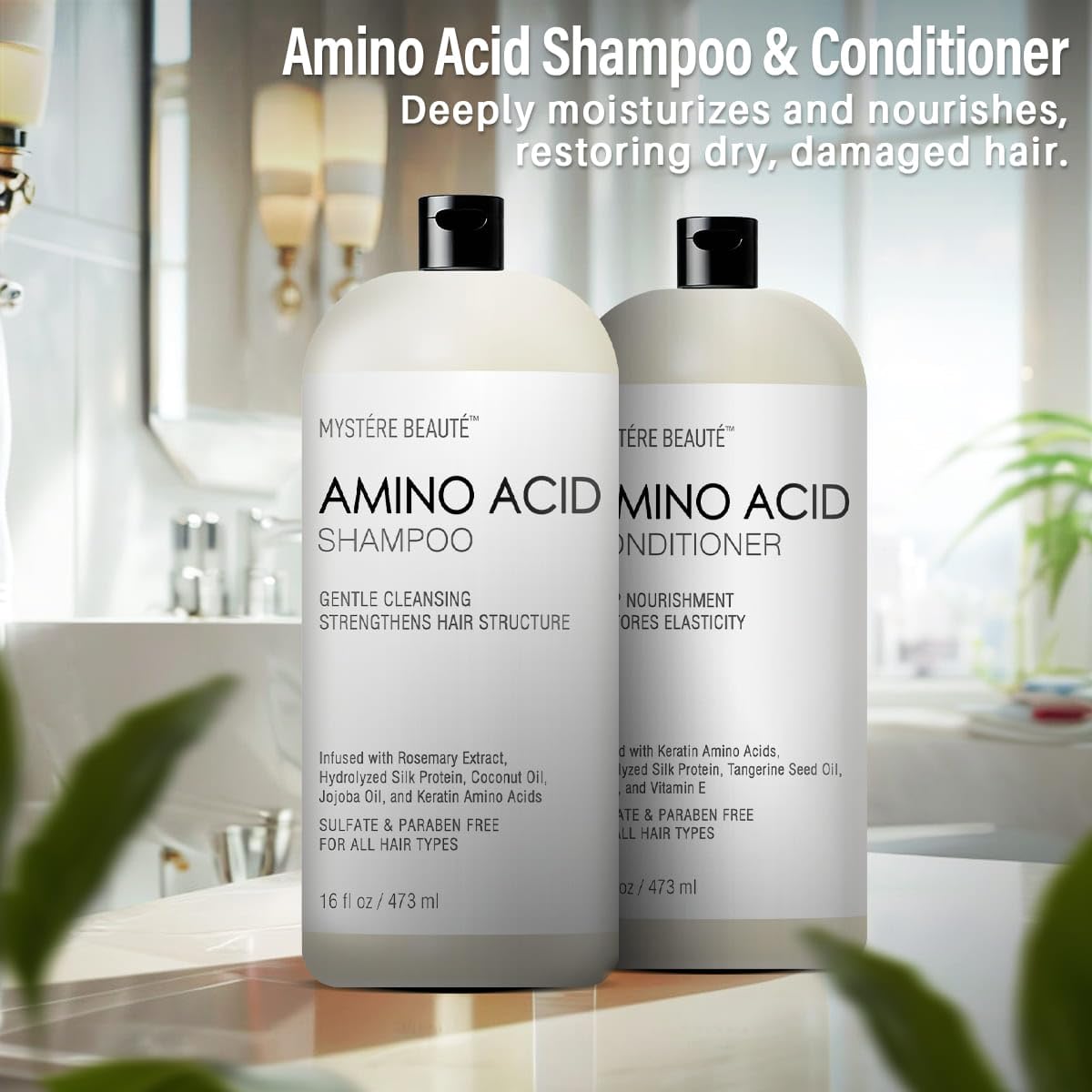 Amino Acid Shampoo and Conditioner Set for All Hair Types | Nourishing Amino Acid Hair Shampoo with Vitamin E & Jojoba Oil for Frizz Control & Shine Moisturizing Amino Acid Conditioner - 16 fl oz each