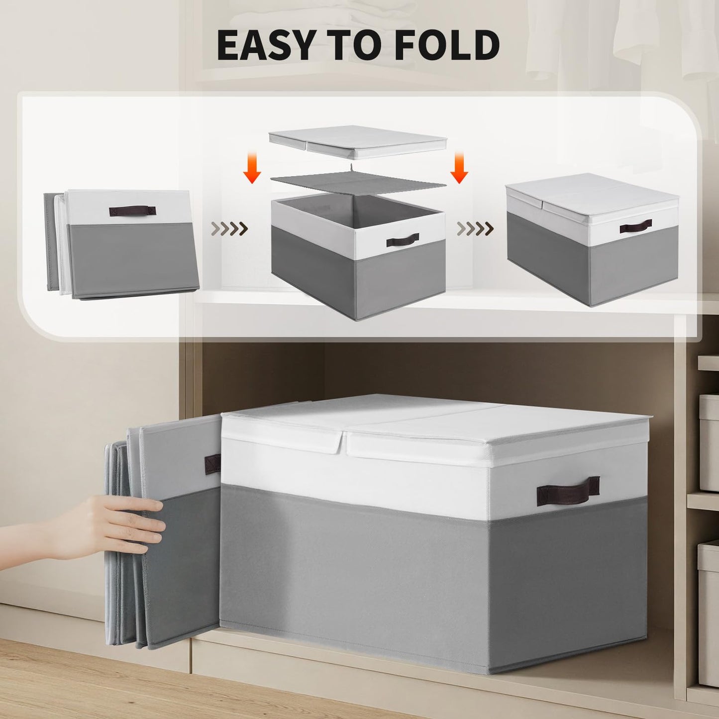 2 Pack EXTRA LARGE Blanket Storage Baskets with Lids, 22”x16”x12” Closet Organizers Bins for Clothes Towel/ Storage Box with Lid Handles/ Stackable Decorative Fabric Bins for Living Room, Nursery
