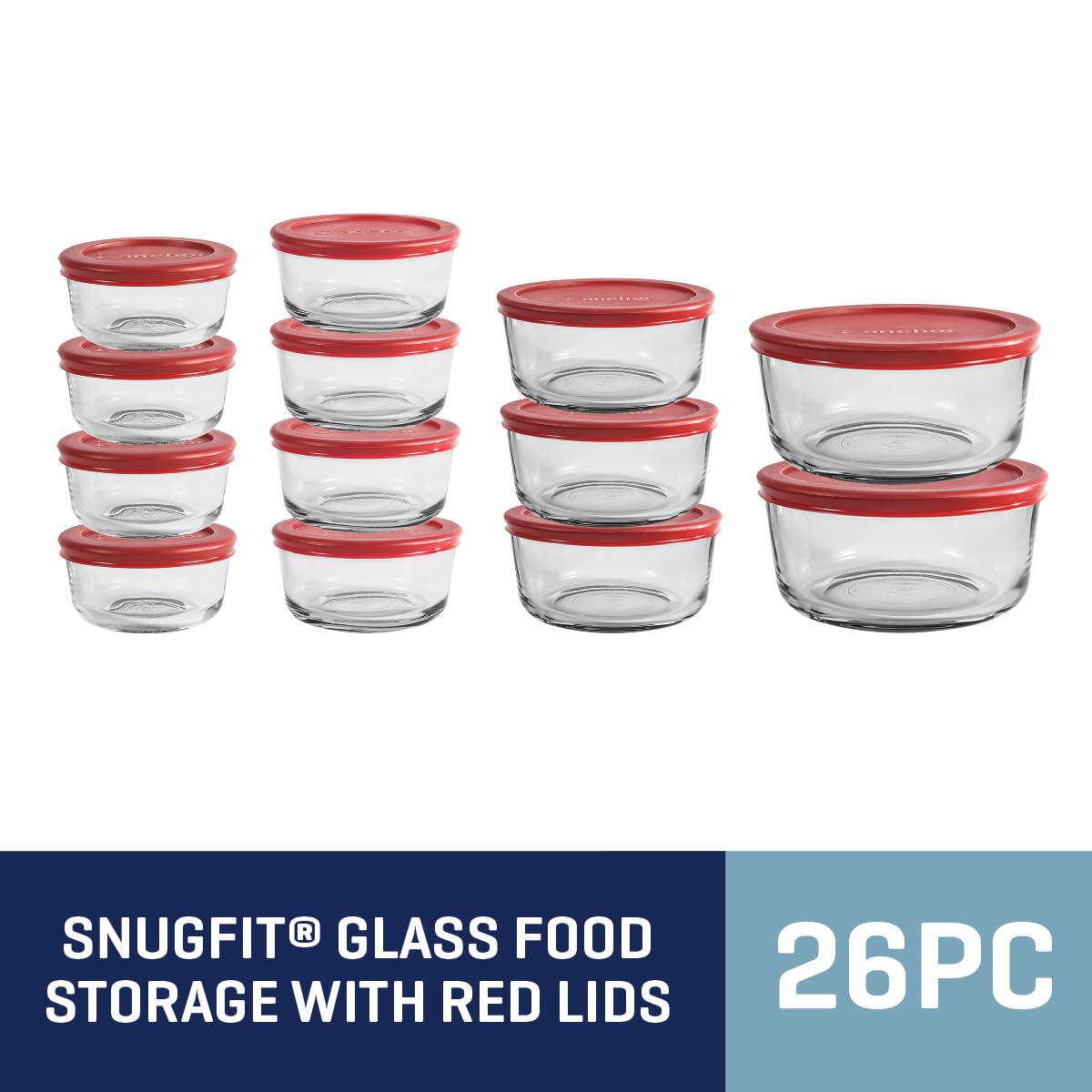 Anchor Hocking 26 Piece Glass Storage Containers with Lids (13 Glass Food Storage Containers & 13 Red SnugFit Lids)