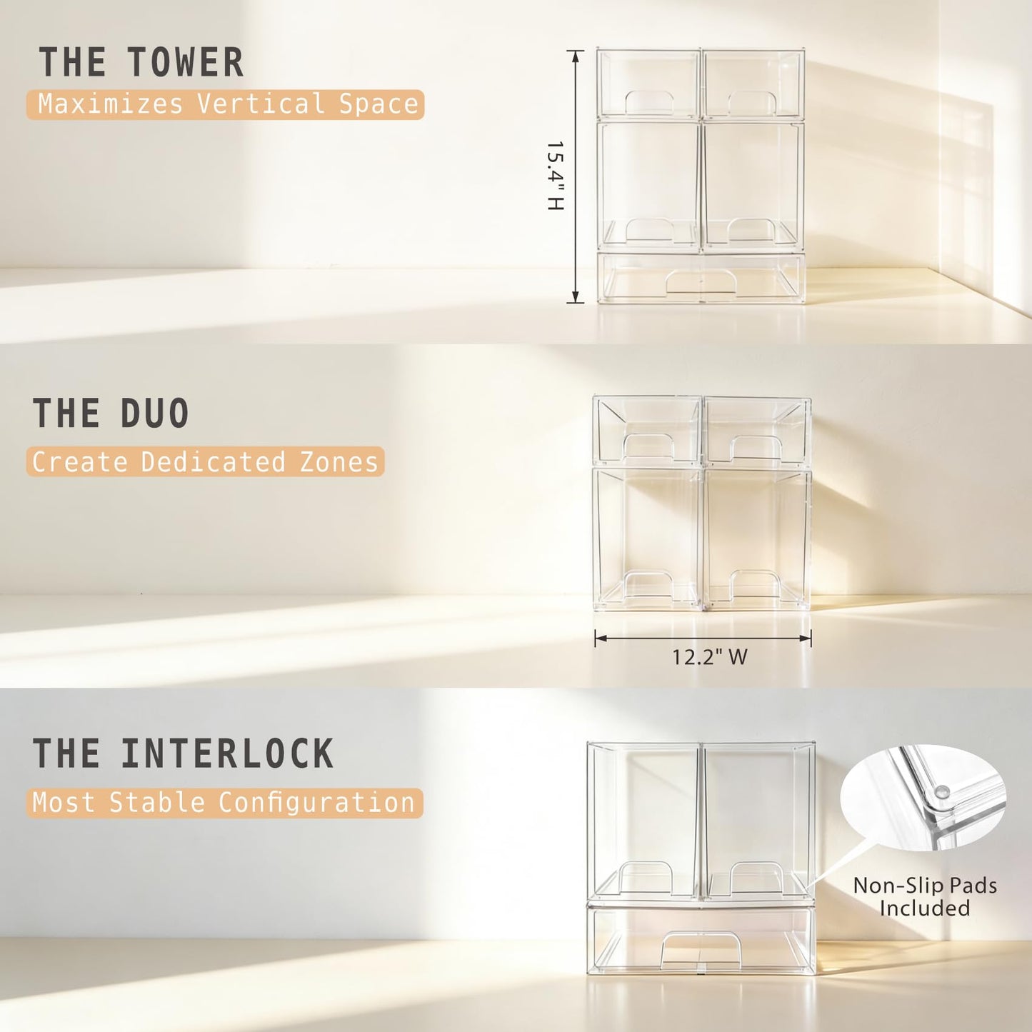 Gajiuhon Baby Bottle Organizer, Large Capacity Stackable Acrylic Storage with Non-Slip Pads, for Baby Bottles, Pump Parts, Kitchen Countertop, Pantry, Vanity, 5-Piece