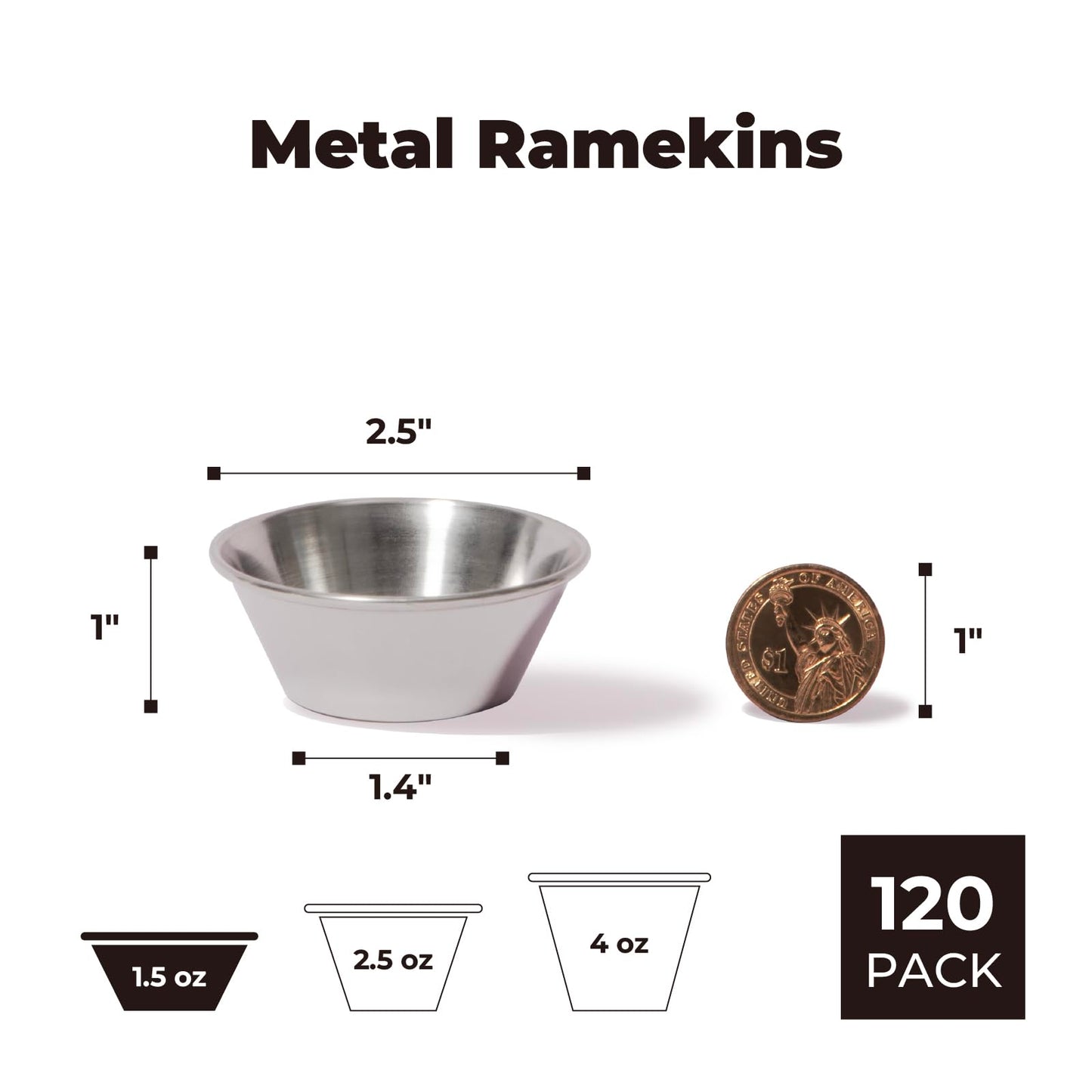 Fit Meal Prep [120 Pack 1.5 oz Stainless Steel Dipping Sauce Cups, Reusable Metal Ramekins, Commercial Grade Condiment Bowls, Individual Portion Cups, Small Round Au Jus Cup for Home, Restaurant