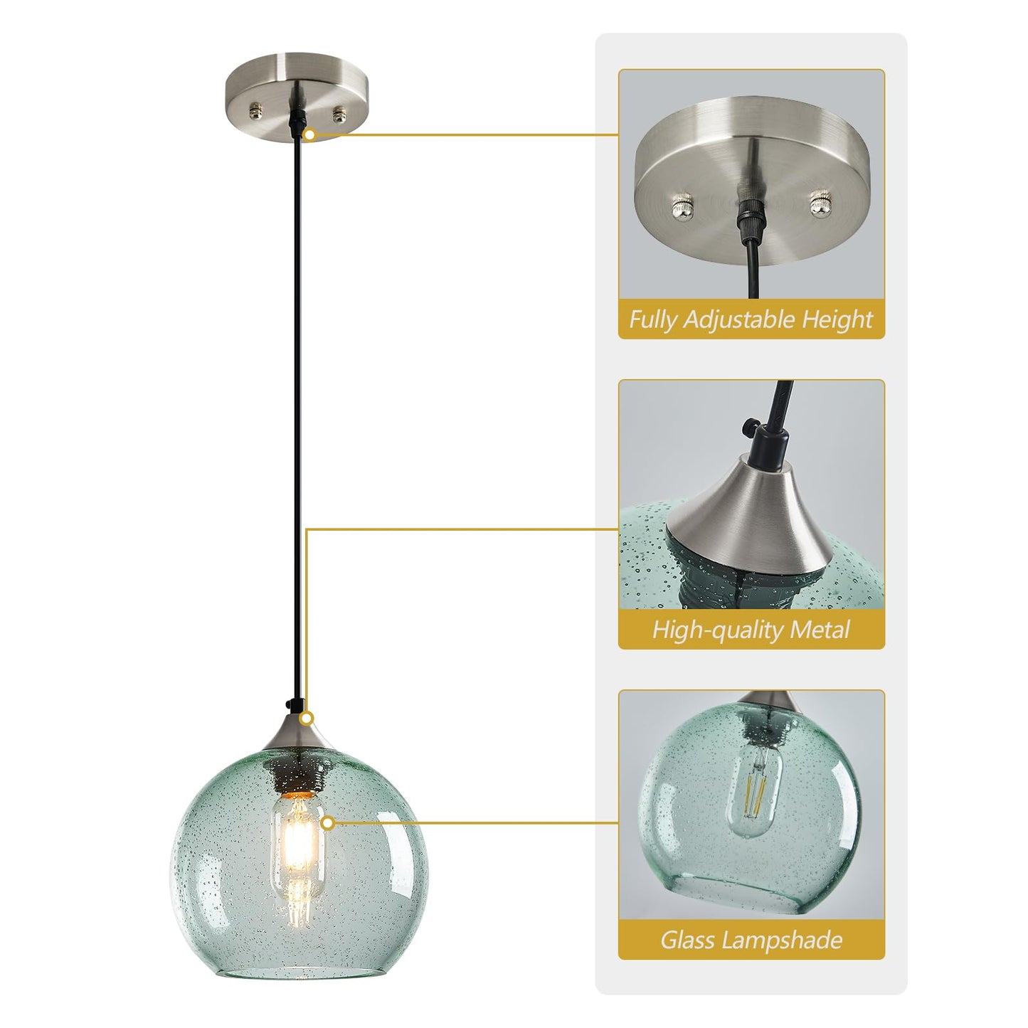 LBSQJ Light Green Glass Pendant Lights Kitchen Island Lighting Globe Pendant Light Fixtures Modern Pendant Lighting for Bedroom Living Dining Room Light Fixture (7.87 in, 3 Pack)